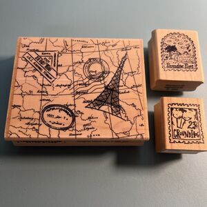 GALLERY OF PLACES Eiffel Tower Postmarks Map Collage, Rubber Stamps Lot Of 3
